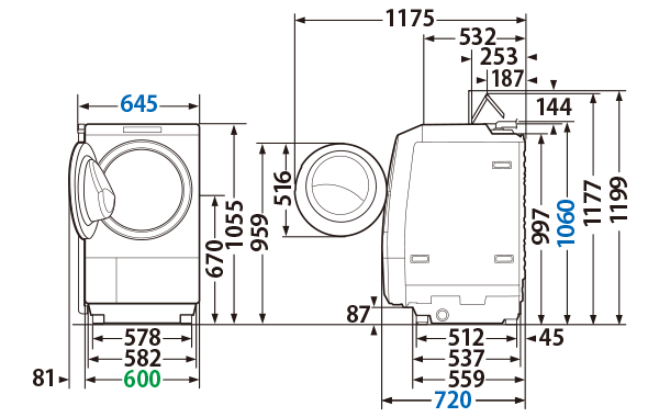 東芝TW-127XP4L 本体寸法図 幅645mm×奥行750mm×高さ1060mm